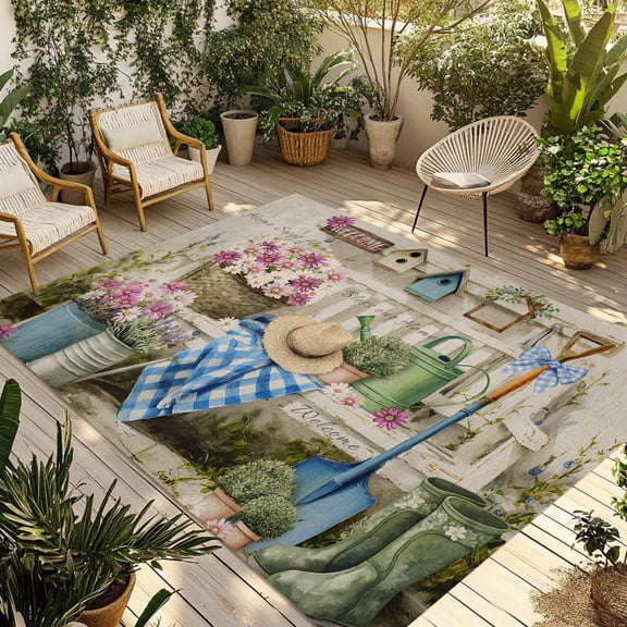 Spring Daisy Outdoor Rug for Patio/Deck/Porch, Non-Slip Large Area Rug 4 x 6 Ft, Flowers Farmhouse Leaves Floral Pots Country Retro Indoor Outdoor Rugs Washable Area Rugs, Camping Rug Carpet Runner