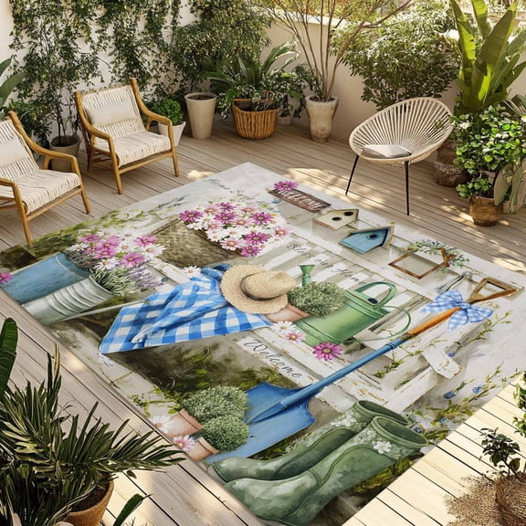 Spring Daisy Outdoor Rug for Patio/Deck/Porch, Non-Slip Large Area Rug 5 x 7 Ft, Flowers Farmhouse Leaves Floral Pots Countryside Indoor Outdoor Rugs Washable Area Rugs, Camping Rug Carpet Runner