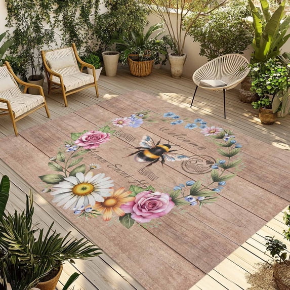 Spring Daisy Outdoor Rug for Patio/Deck/Porch, Non-Slip Large Area Rug 5 x 8 Ft, Pink Flowers Wreath Leaves Farmhouse Brown Indoor Outdoor Rugs Washable Area Rugs, Camping Rug Carpet Runner