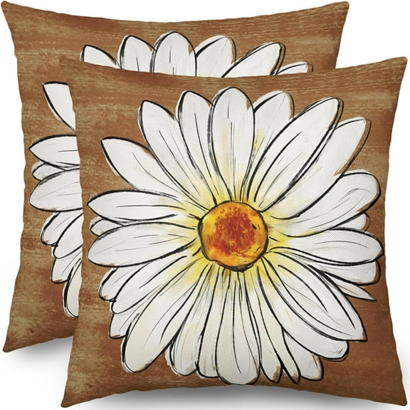 Spring Daisy Pillow Covers 20x20 Set of 2 Cute Floral Brown Summer Outdoor Decorative Throw Pillows Farmhouse Flower Pillowcases Linen Cushion Case Decor for Home Sofa Couch Bed