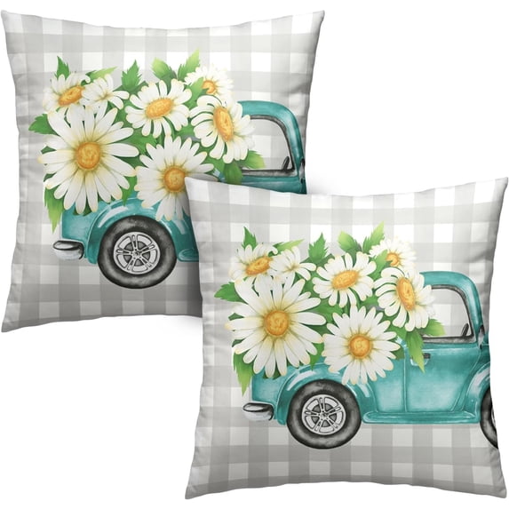 Spring Daisy Pillow Covers White Floral Throw Pillows Case 20 x 20 Blue Car Pillowcases Set of 2 Cotton Blend Spring Summer Day Decor for Indoor Living Room Bed