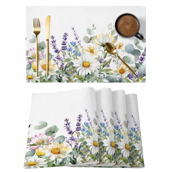 Spring Daisy Placemats Set of 4, Country Botanicala Flowers Eucalyptus Trees Placemats for Dining Table, Place Mats for Kitchen Tabletop, Waterproof Wipeable Dining Table Mats Set