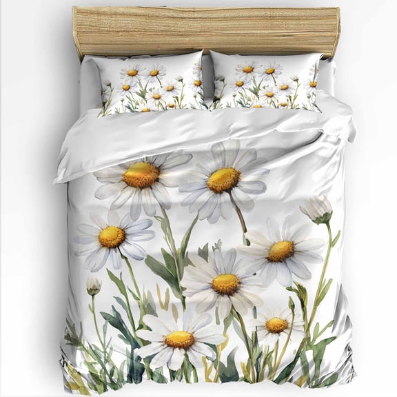 Spring Daisy Queen Size Comforter Set, Watercolor Flower Floral Rustic Soft Bedding for All Seasons, 4 Pcs Bed Set with 1Comforter (90"x92") ,1 Sheet(94"x116"), 2 Pillowcases (19"x29")