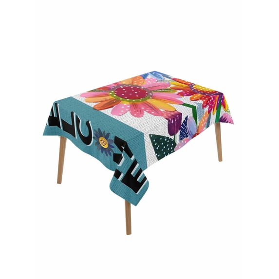 Spring Daisy Rectangle Tablecloth, Turquoise Modern Abstract Art Dots Floral Waterproof & StainResistant Tablecloth, Washable Oil-proof Table Cover for Dining/Party/Wedding/Camping/Buffet 60x102 In