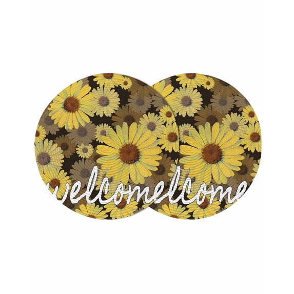 Spring Daisy Round 13 Inch Placemats Set of 2, Botanical Brown Yellow Flowers Oil Painting HeatResistant Non Slip Place Mats for Dining Table, Wipeable Braided Kitchen Table Mats for Housewarming