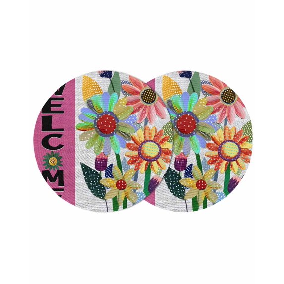 Spring Daisy Round 13 Inch Placemats Set of 2, Pink Modern Abstract Art Dots Floral HeatResistant Non Slip Place Mats for Dining Table, Wipeable Braided Kitchen Table Mats for Housewarming