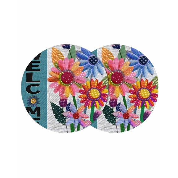 Spring Daisy Round 13 Inch Placemats Set of 2, Turquoise Modern Abstract Art Dots Floral HeatResistant Non Slip Place Mats for Dining Table, Wipeable Braided Kitchen Table Mats for Housewarming