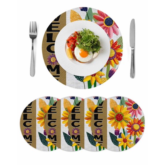 Spring Daisy Round 13 Inch Placemats Set of 4, Brown Modern Abstract Art Dots Floral HeatResistant Non Slip Place Mats for Dining Table, Wipeable Braided Kitchen Table Mats for Housewarming