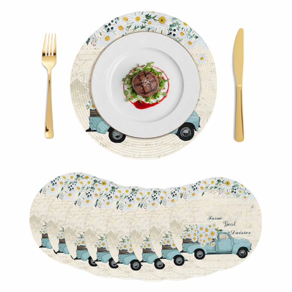 Spring Daisy Round 13 Inch Placemats Set of 8, White Flowers Blue Country Car Rustic Botanical HeatResistant Non Slip Place Mats for Dining Table, Wipeable Braided Kitchen Table Mats for Housewarming