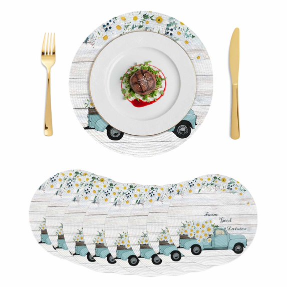 Spring Daisy Round 13 Inch Placemats Set of 8, White Flowers Country Car Farmhouse Wood Grain HeatResistant Non Slip Place Mats for Dining Table, Wipeable Braided Kitchen Table Mats for Housewarming