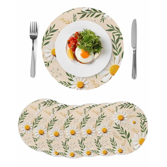 Spring Daisy Round 15 Inch Placemats Set of 6, Country Watercolor Flower Leaf Plant HeatResistant Non Slip Place Mats for Dining Table, Wipeable Braided Kitchen Table Mats for Housewarming