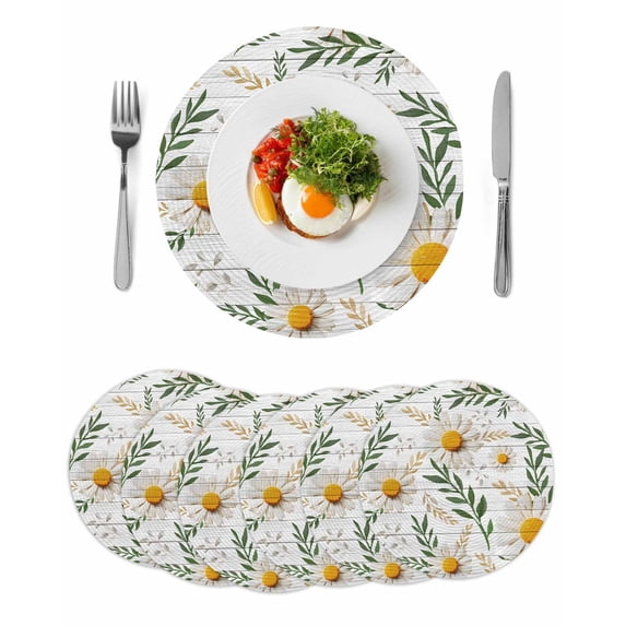 Spring Daisy Round 15 Inch Placemats Set of 6, Farmhouse Country Flower Leaf Plant Wood Grain HeatResistant Non Slip Place Mats for Dining Table, Wipeable Braided Kitchen Table Mats for Housewarming