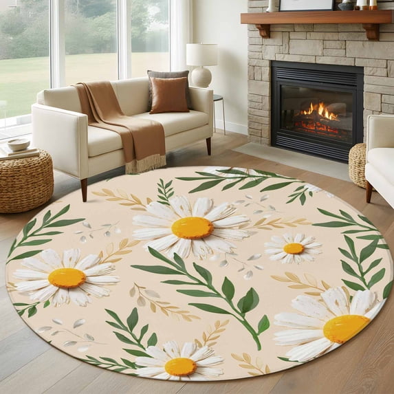 Spring Daisy Round Rug 6ft Washable Circle Kitchen Rugs Non Slip Country Watercolor Flower Leaf Plant Large Area Rug Indoor Floor Carpet for Bedroom Living Room Home Office Dining Room Nursery