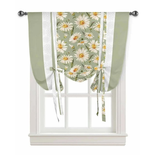 Spring Daisy Sage Green Window Curtain for Living Room Adjustable Curtains for Kitchen Cafe Tie Up Short Drapes