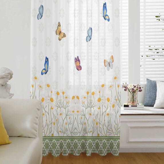 Spring Daisy Semi Sheer Curtains Drapes for Living Room,Bedroom,French Doors Window 84 Inches Long,Country Botanical Flowers Butterflies Art Rod Pocket Chiffon Curtain Drapery Voile Draperies Panel