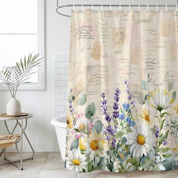 Spring Daisy Shower Curtain Set, Waterproof Shower Curtains for Bathroom, Elegant Pastoral Flowers Watercolor Washable Fabric Cloth Bath Curtain for Bathtub Decoration with Hooks 48x72 Inches