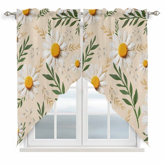 Spring Daisy Swag Valances for Windows, Kitchen Window Curtains Over Sink, Country Watercolor Flower Leaf Plant Window Treatment Curtains for Living Room/Bedroom Curtains 2 Panel Sets 36"x45"