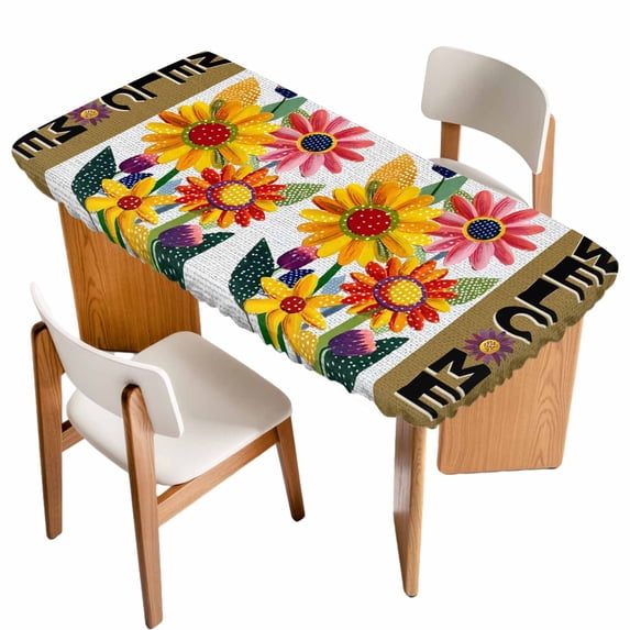 Spring Daisy Table Cloths for 3 Foot Rectangle Tables, Brown Modern Abstract Art Dots Floral Patio Waterproof Elastic Fitted Tablecloths, Washable Rectangular Table Cover for Camping