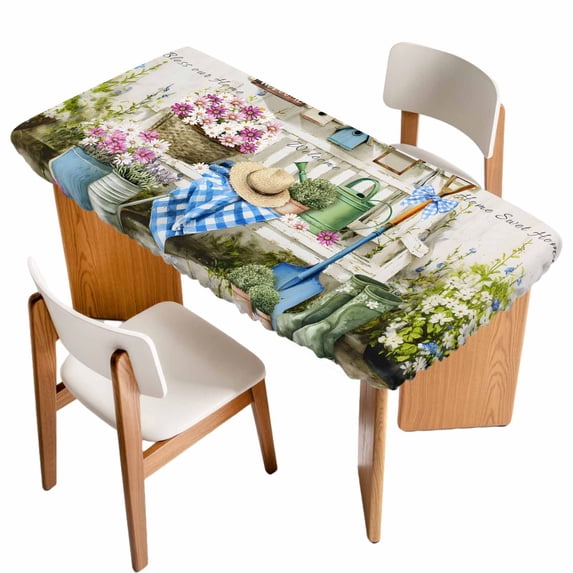 Spring Daisy Table Cloths for 4 Foot Rectangle Tables, Flowers Farmhouse Leaves Floral Pots Countryside Patio Waterproof Elastic Fitted Tablecloths, Washable Rectangular Table Cover for Camping
