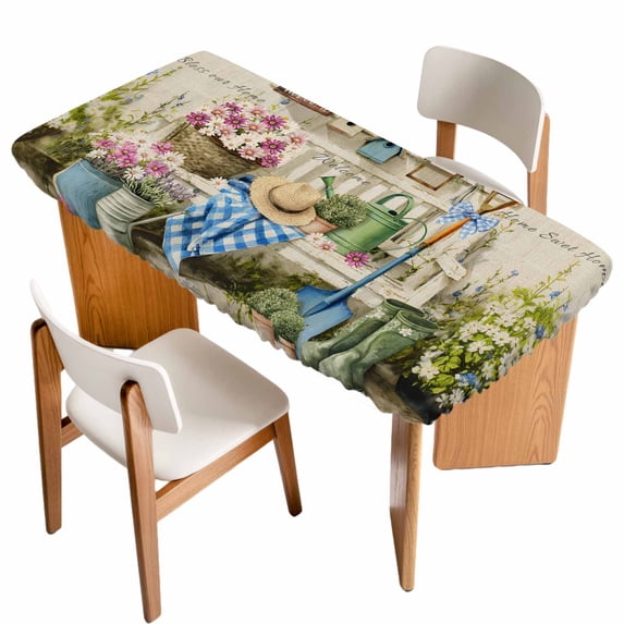 Spring Daisy Table Cloths for 5 Foot Rectangle Tables, Flowers Farmhouse Leaves Floral Pots Country Retro Patio Waterproof Elastic Fitted Tablecloths, Washable Rectangular Table Cover for Camping