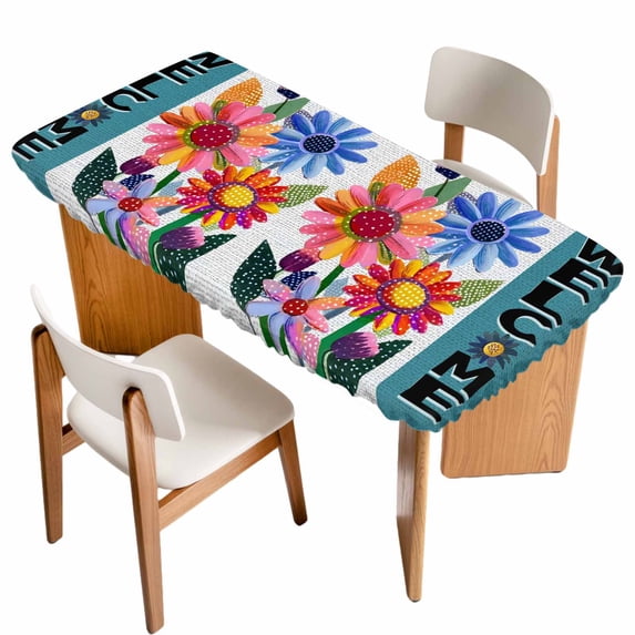 Spring Daisy Table Cloths for 5 Foot Rectangle Tables, Turquoise Modern Abstract Art Dots Floral Patio Waterproof Elastic Fitted Tablecloths, Washable Rectangular Table Cover for Camping
