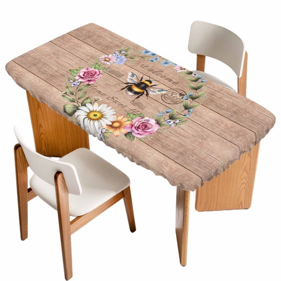 Spring Daisy Table Cloths for 6 Foot Rectangle Tables, Pink Flowers Wreath Leaves Farmhouse Brown Patio Waterproof Elastic Fitted Tablecloths, Washable Rectangular Table Cover for Camping