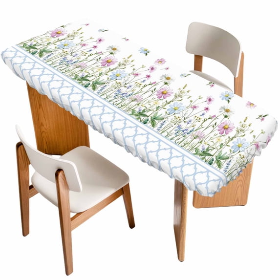 Spring Daisy Table Cloths for 8 Foot Rectangle Tables, Blue Moroccan White Wildflowers Country Plants Patio Waterproof Elastic Fitted Tablecloths, Washable Rectangular Table Cover for Camping