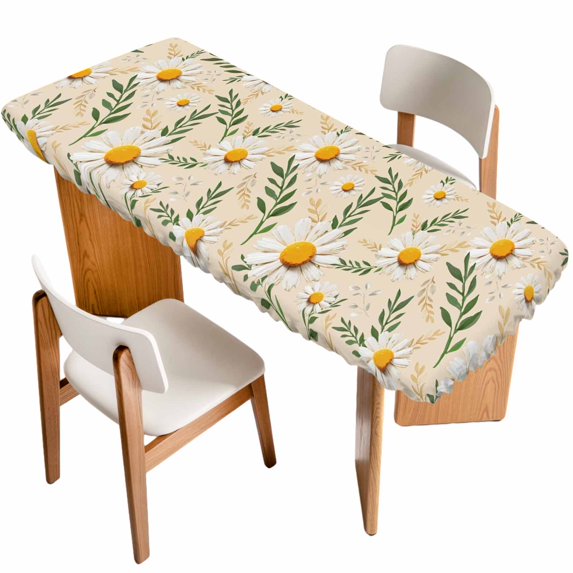 Spring Daisy Table Cloths for 8 Foot Rectangle Tables, Country Watercolor Flower Leaf Plant Patio Waterproof Elastic Fitted Tablecloths, Washable Rectangular Table Cover for Camping