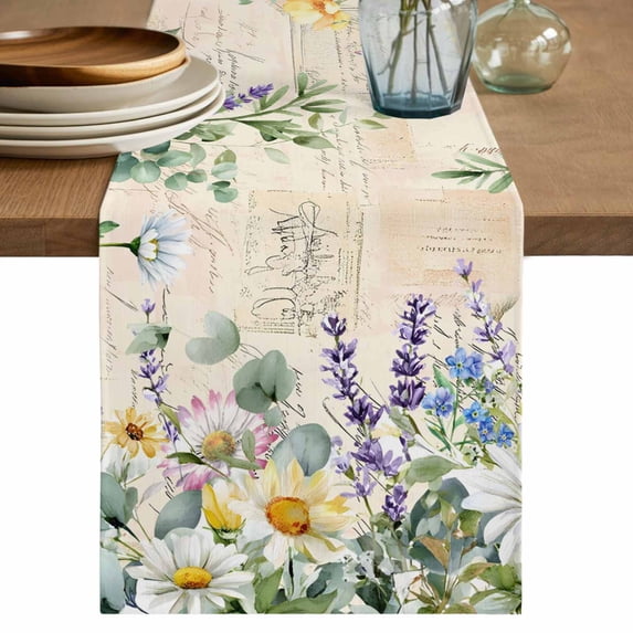 Spring Daisy Table Runner, Elegant Pastoral Flowers Watercolor Washable Cotton Linen Table Runners 72 Inches Long, Dresser Scarf Runner for Dining/Coffee/Kitchen/TV Stands/Cabinets 13''x72''