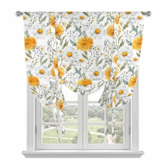 Spring Daisy Tie Up Curtains for Window, Thermal Insulated Balloon Shade Adjustable Rod Pocket Curtains Valance Panels for Kitchen Bathroom Cafe 34 x 45 Country Watercolor Yellow White Floral Leaf