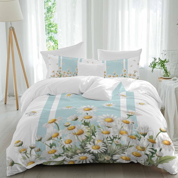 Spring Daisy Twin Size Comforter Set, Watercolor White Floral Green Leaf Teal Stripes Bedding for All Seasons, 4 Pcs Bed Set, 1 Quiltcover (68"x86") ,1Sheet(67"x116"), 2Pillowcases (30"x20")