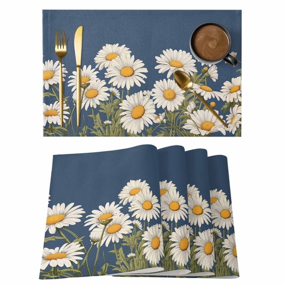 Spring Daisy Watercolor Flower Placemats Set of 6,Wipeable Washable Table Mats for Dining Tables, Blossom Floral Leaves on Blue Place Mats for Kitchen Event Party Tabletop Decor