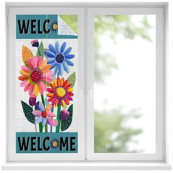 Spring Daisy Window Privacy Film, Turquoise Modern Abstract Art Dots Floral Static Cling UV Sun Blocking Heat Control Window Tint Day and Night, Non-Adhesive One Way Privacy Cover 17.7''x39.3''