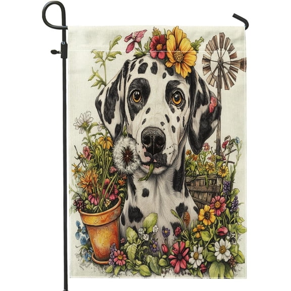 Spring Dalmatian Dog Garden Flags 12x18 Inch for Outside, Farmhouse Country Puppy Standard Vertical Linen Flags, Farm Pet Print Front Yard Backyard Lawn Outdoor Decoration
