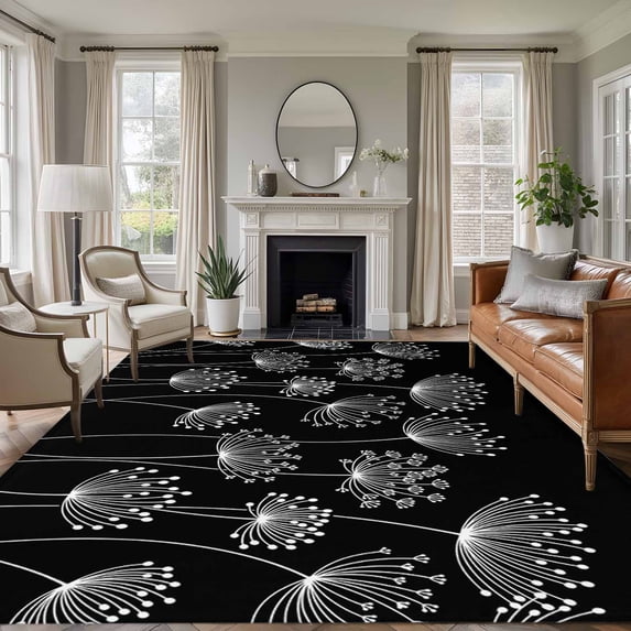 Spring Dandelion Area Rugs 6'x9', Washable Small Throw Rugs for Kitchen Dining room, Modern Country Flower Black White Indoor Outdoor Rug Non-Slip Low Pile Carpet Runner Reversible Floor Mats