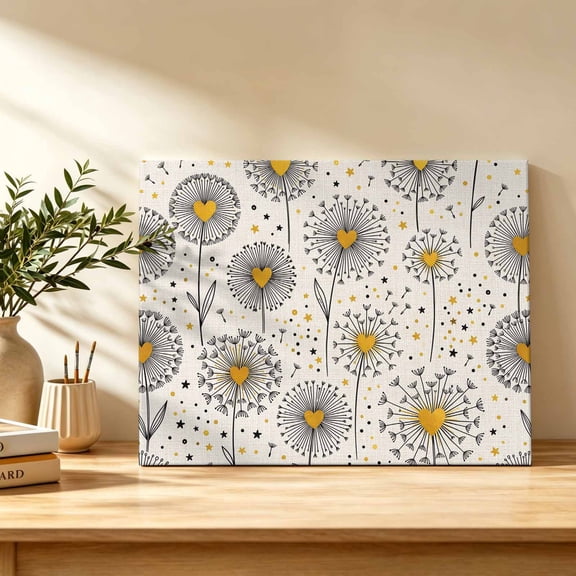 Spring Dandelion Canvas Wall Art, Country Vintage Whimsical Yellow Love Heart Stars Wall Art Prints Artwork Framed Canvas Ready to Hang Art Pictures for Bathroom Bedroom Entry Desk Corner 10" x 8"