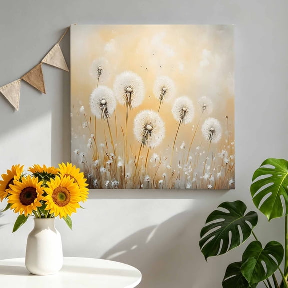 Spring Dandelion Canvas Wall Art Framed Wall Decor for Living Room Bedroom Bathroom, Country Watercolor White Dandelions Brown Plant Retro Canvas Pictures Ready to Hang Decor, 8"x8"