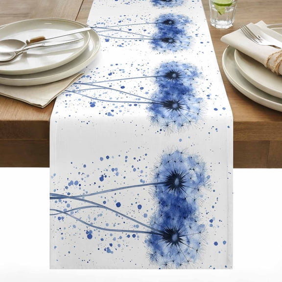 Spring Dandelion Cotton Linen Table Runner Rustic Watercolor Blue Two Dandelions Plant Retro Dining Table Runners for Home Decor Party Dining Room Restaurant Kitchen 13" x 108"
