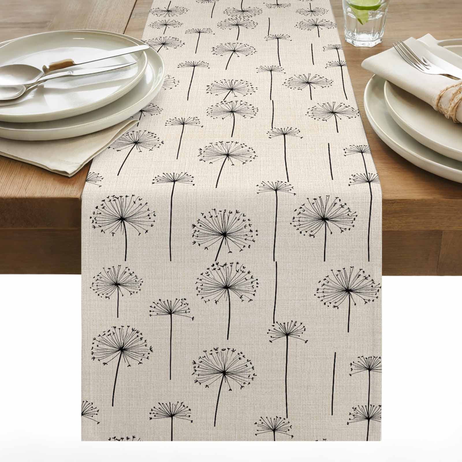 Spring Dandelion Cotton Linen Table Runner Vintage Abstract Black Dandelion Wildflower Linen Dining Table Runners for Home Decor Party Dining Room Restaurant Kitchen 13" x 120"
