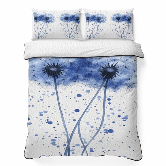 Spring Dandelion King Quilt Bedding Set, Rustic Watercolor Blue Two Dandelions Plant Retro Lightweight Comforter with 2 Pillow Shams Bedroom Bedspread Set Home Decor for All Seasons