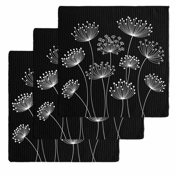 Spring Dandelion Kitchen Dish Towels for Drying Dishes Set of 3, Modern Country Flower Black White Waffle Weave Microfiber Hand Tea Bathroom Towels Quick Dry & Absorbent Towel 12x12