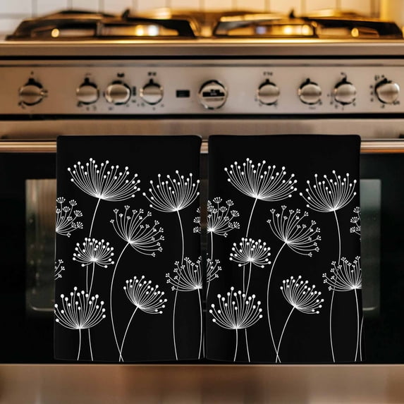 Spring Dandelion Kitchen Towels Set of 1, Modern Country Flower Black White Absorbent Dish Towels for Kitchen, Microfiber Hand Towel, Quick Drying Tea Towel for Cleaning Decorative Dishcloths