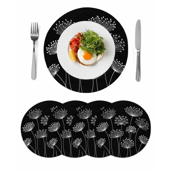 Spring Dandelion Round 15 Inch Placemats Set of 4, Modern Country Flower Black White HeatResistant Non Slip Place Mats for Dining Table, Wipeable Braided Kitchen Table Mats for Housewarming