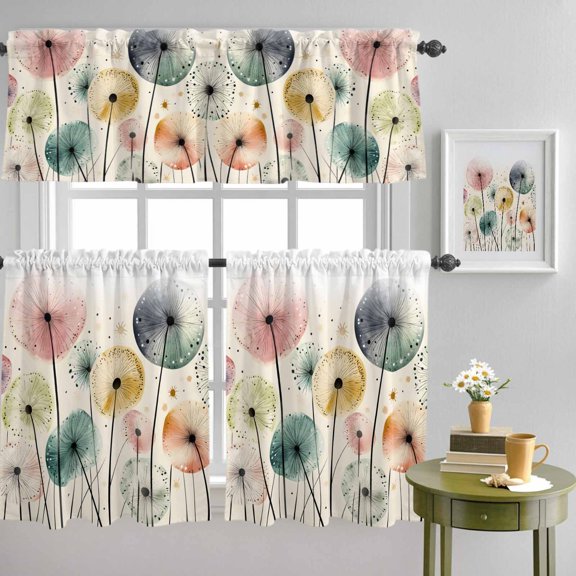 Spring Dandelion Wildflowers Curtain Tier and Valance Set 3 Piece, Watercolor Abstract Plants 3-inch Rod Pocket Window Tier Curtains Valance for Kitchen Living Room