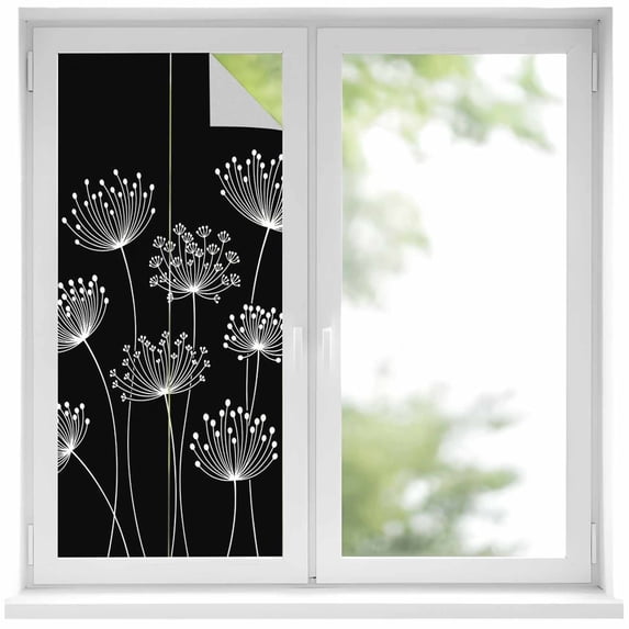 Spring Dandelion Window Privacy Film, Modern Country Flower Black White Static Cling UV Sun Blocking Heat Control Window Tint Day and Night, Non-Adhesive One Way Windows Privacy Cover 17.7''x39.3''
