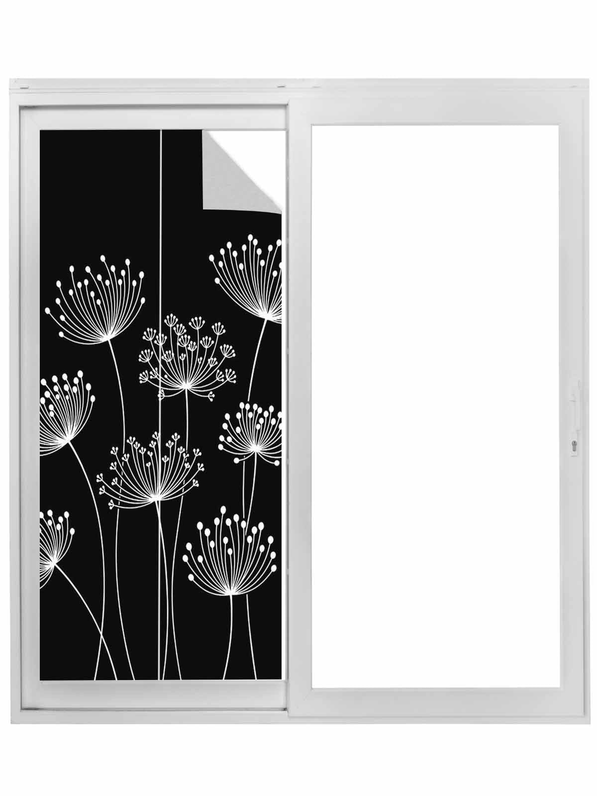 Spring Dandelion Window Privacy Film, Modern Country Flower Black White Static Cling UV Sun Blocking Tint Film Heat Control Windows Films for Bedroom Bathroom, Window Stickers 23.6"x59"