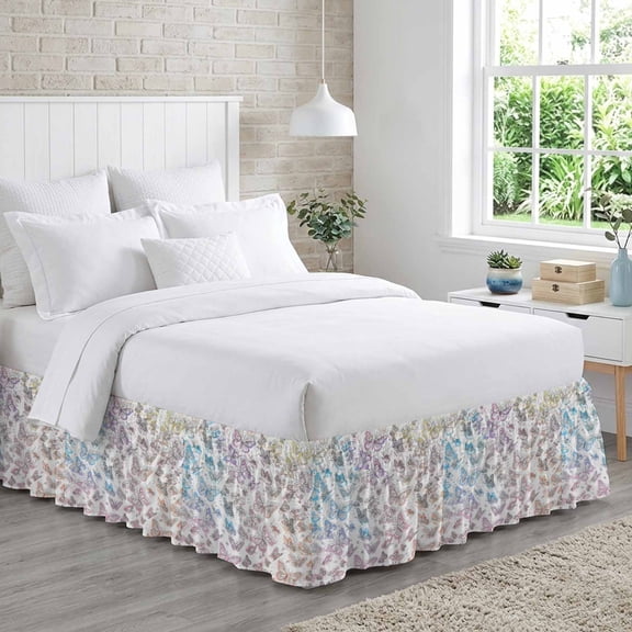 Spring Day Bed Skirt California King Size 16 Inch Drop, Abstract Simple Line Butterflies Colorful Gradient Adjustable Elastic Dust Ruffles Bedskirt Wrap Around Pleated Mattress Frame Cover
