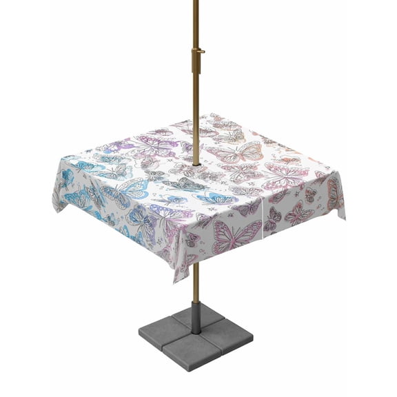 Spring Day Square Outdoor Tablecloth with Umbrella Hole Abstract Simple Line Butterflies Colorful Gradient 60x60 Inch Waterproof Table Cover Zippered Table Cloth for Garden Patio