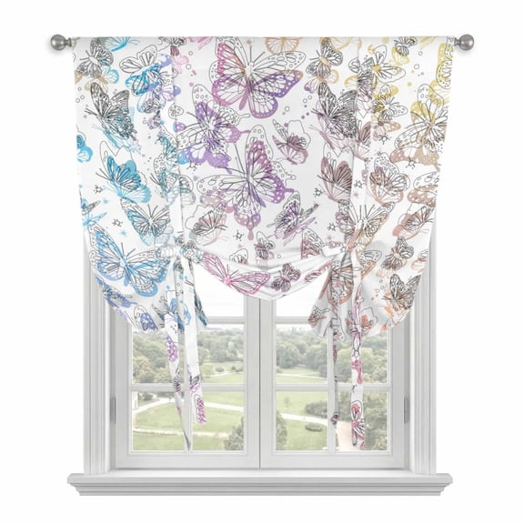 Spring Day Tie Up Curtain for Window, Abstract Simple Line Butterflies Colorful Gradient Adjustable Tie Up Balloon Curtain Valances Rod Pocket Window Treatment for Kitchen Bathroom Bedroom 42"x54"