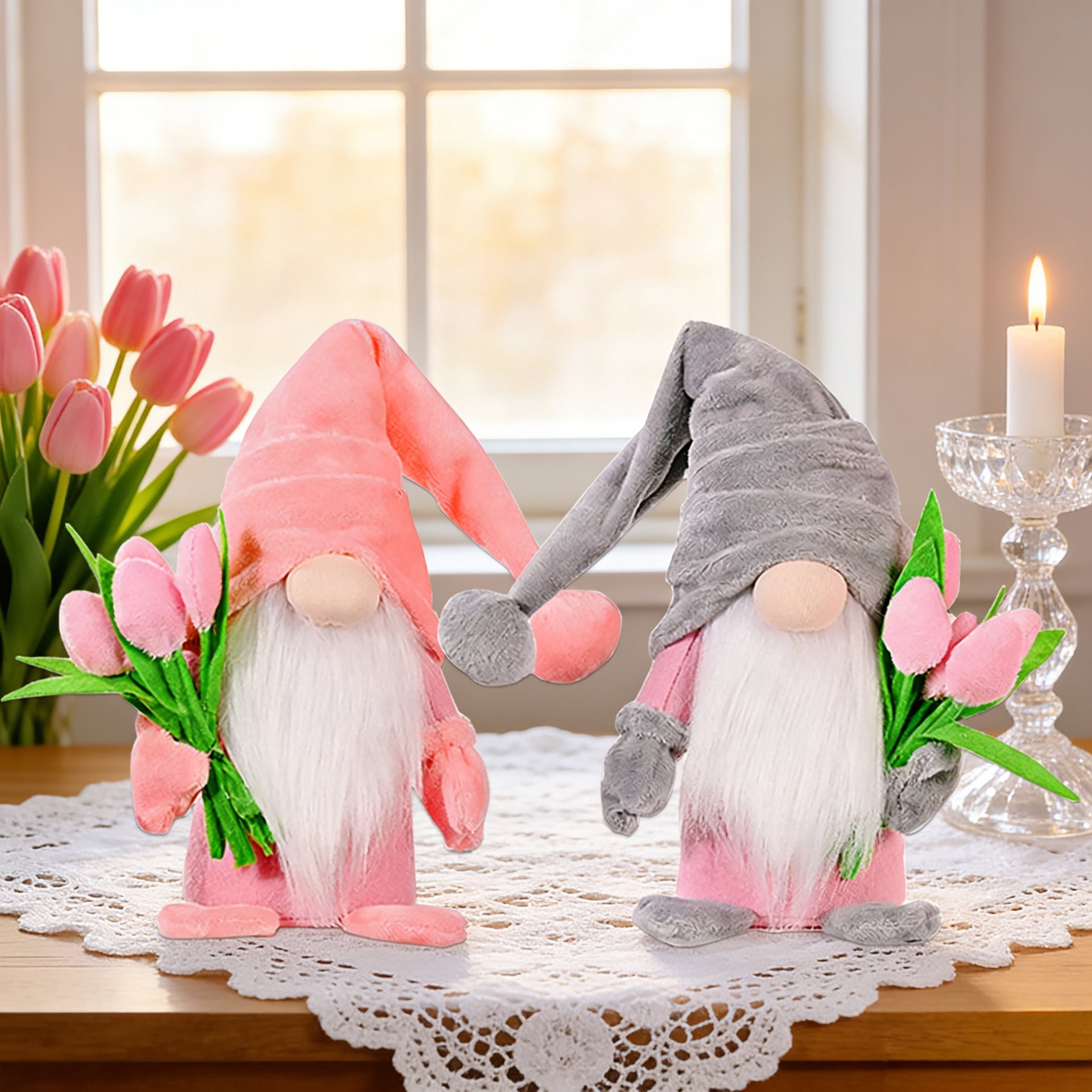 Spring Decor,2Pack 15 in Handmade Plush Gnomes with Tulip Bouquet Decorations for Home Classroom Office Shop,Mother's Day Teachers' Day Easter Gifts,Spring Gnomes Plush Table Decoration